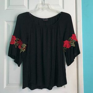 Rose Floral Sleeve Embroidered Black Top